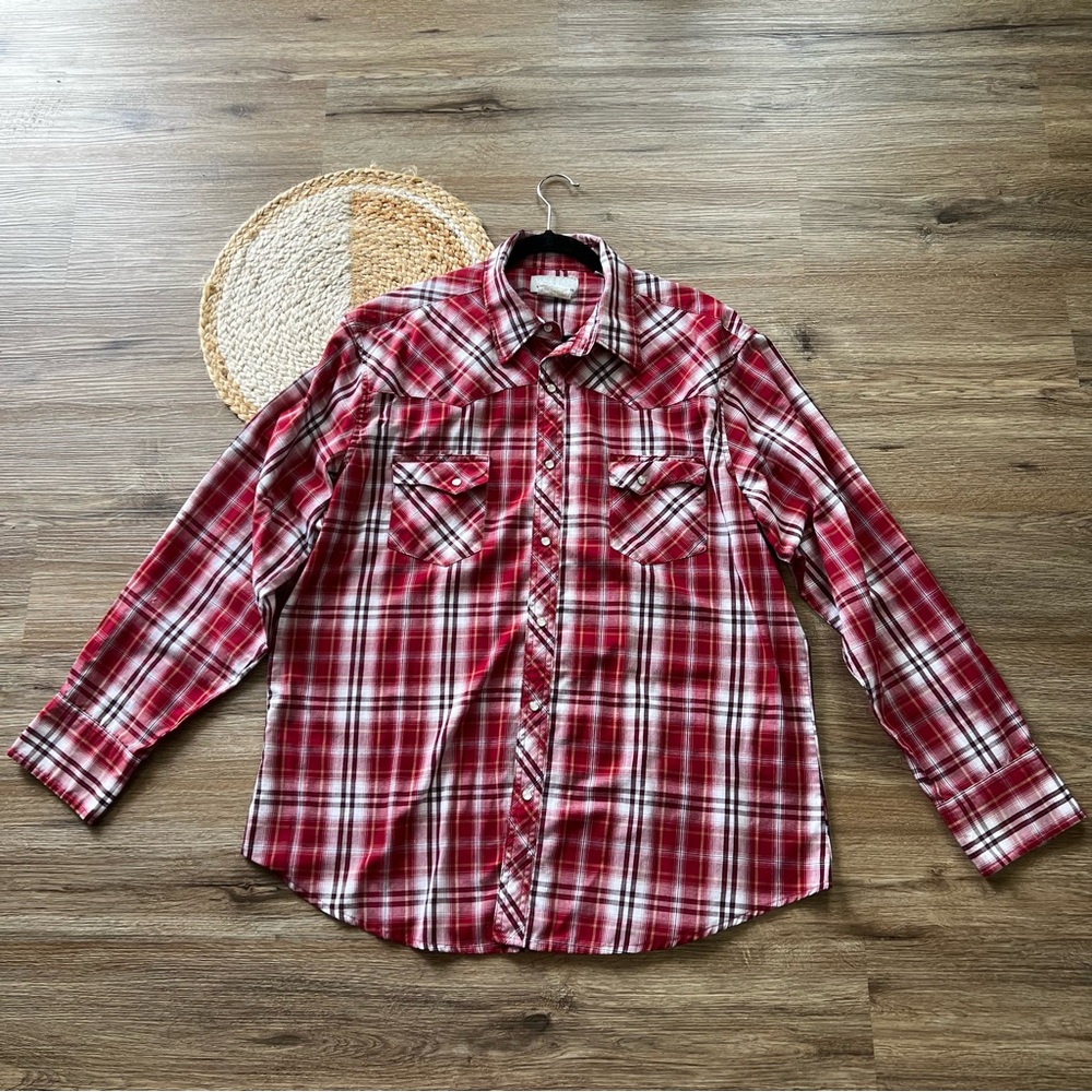 WRANGLER Mens Red Plaid Pearl Snap Long Sleeve Shirt